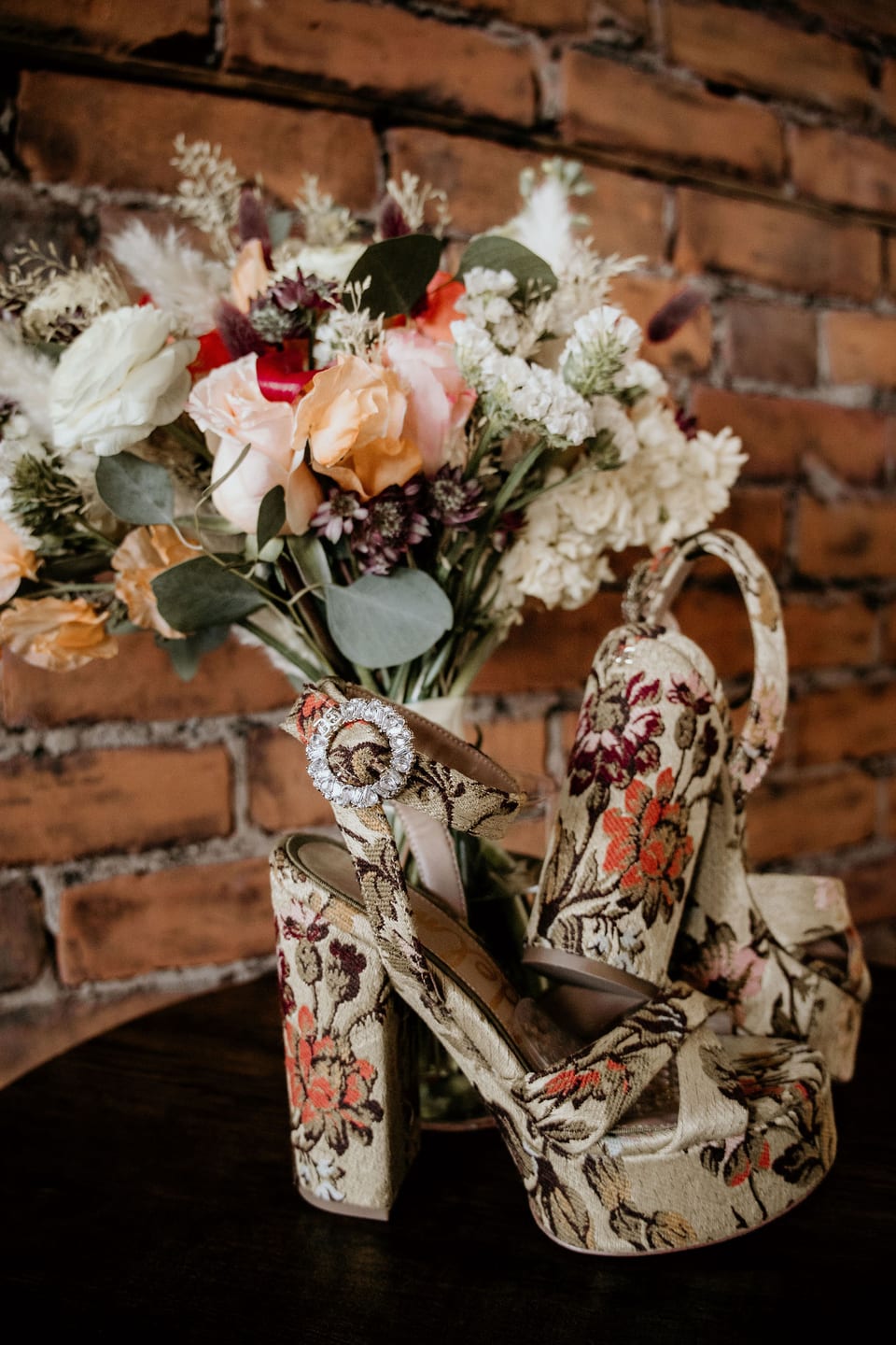 Close-up of a colourful wedding bouquet.